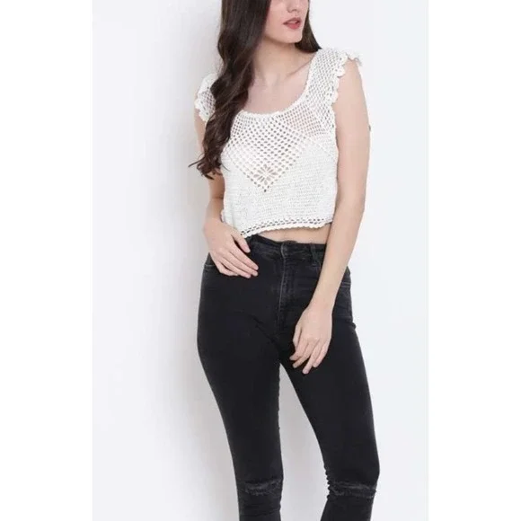 $20 EUC FOREVER 21 crochet tank shirt top M cream crochet summer daze surf layer - Picture 5 of 7